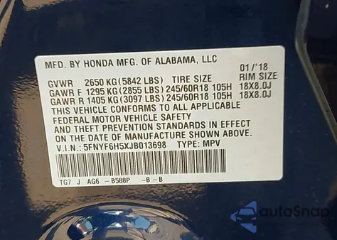 2018 Honda Pilot Ex-L z USA, uszkodzony, nr VIN 5FNYF6H5XJB013698